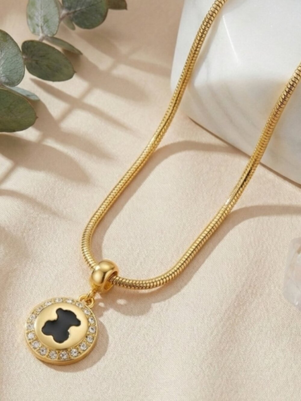 18K Gold Plated Black Bear Charm CZ Halo Whimsigoth Kawaii Snake Chain Necklace